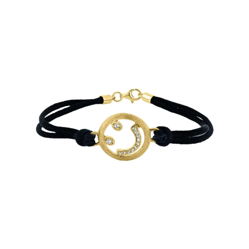 Silver Bangles for Women-Clearance-Silver 925 Gold Plated Happy Face Clear CZ Black Cord Bracelet - STB00432