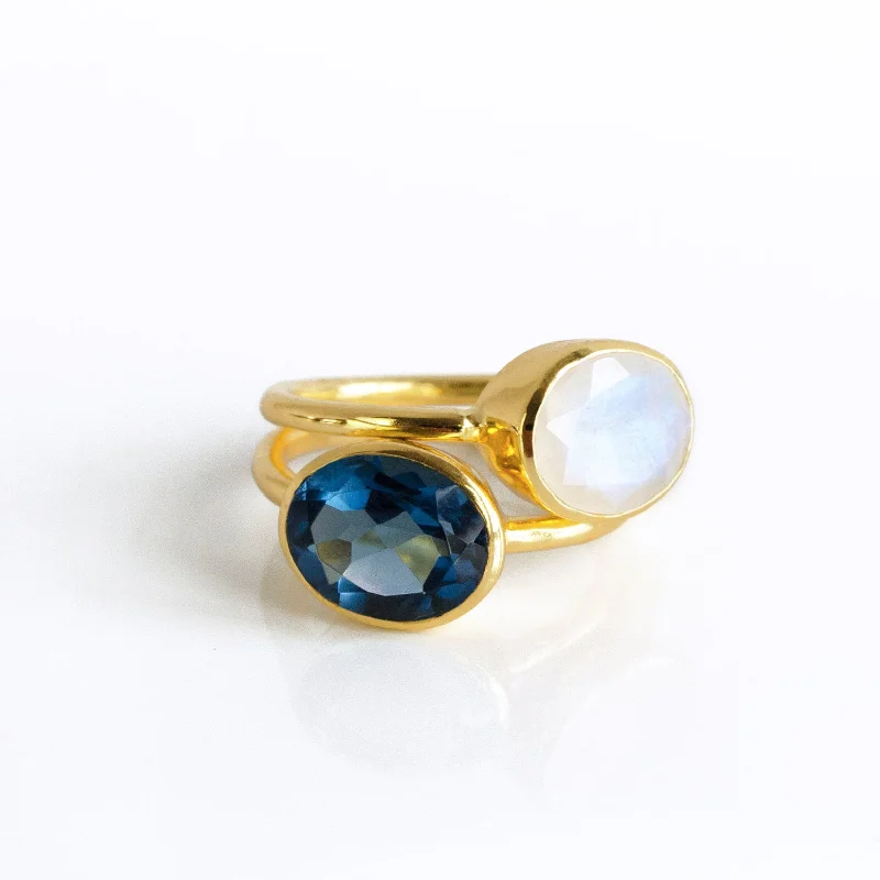 Blue Topaz Ring-Set of Two Oval Rings : Kyanite and Moonstone