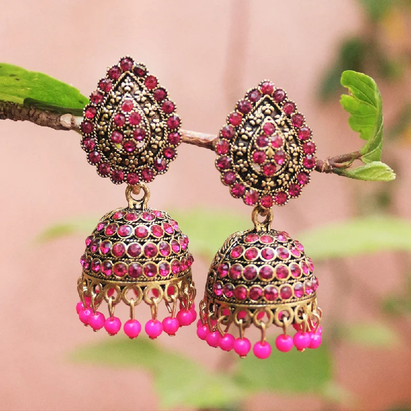 Handcrafted Earrings-Handcrafted Earrings-H K Fashion Antique Gold Austrian Stone And Beads Jhumki Earrings