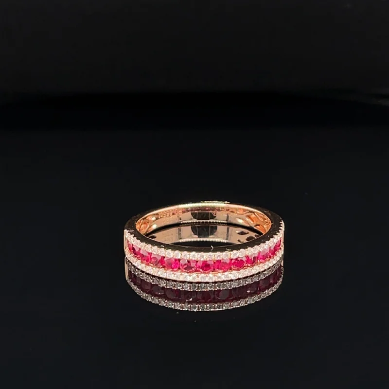 Silver Band Ring-Oval Ruby & Diamond 0.89ctw Triple Row Wedding Band Ring in 18k Rose Gold - #355 - RGRUB104987