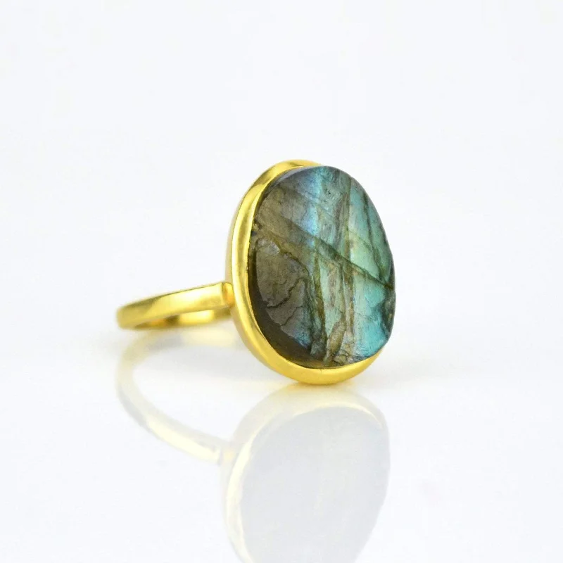 Gold Engagement Ring with Sapphire-Rough Cut Labradorite Ring