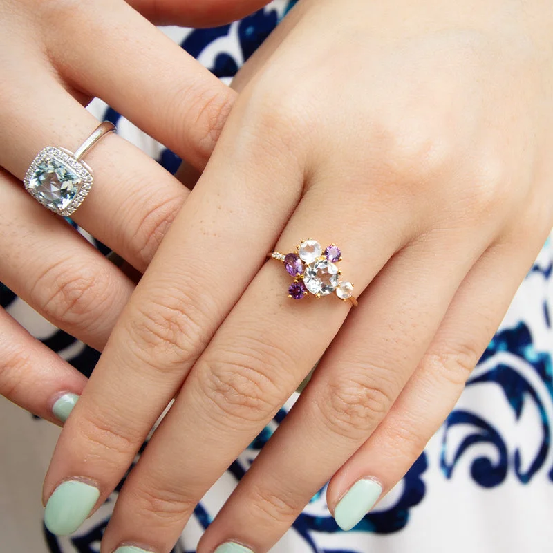 Oval Diamond Ring-Twilight Rose Cluster Amethyst, Rose Quartz & Diamonds Ring