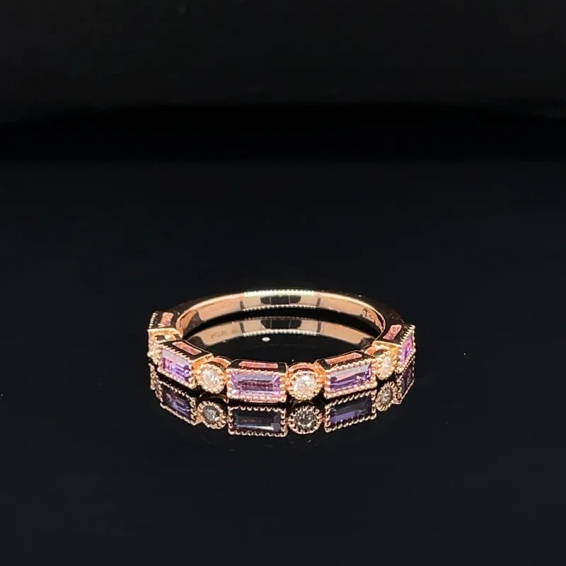 Ruby Ring for Engagement-Emerald Cut Pink Sapphire & Diamond 0.91ctw Milgrain Band Ring in 18k Rose Gold - #360 - RGSAR006156