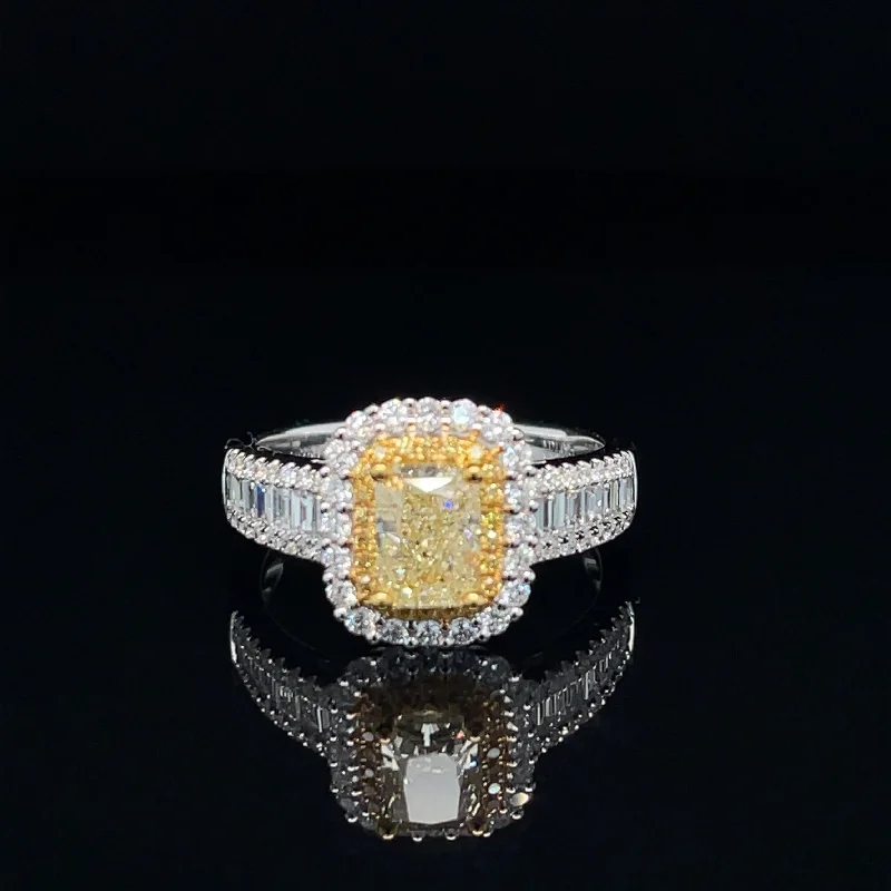 Unique Wedding Band-Fancy Yellow & White Diamond Halo Baguette Engagement Ring - #537 - RGDIA668966