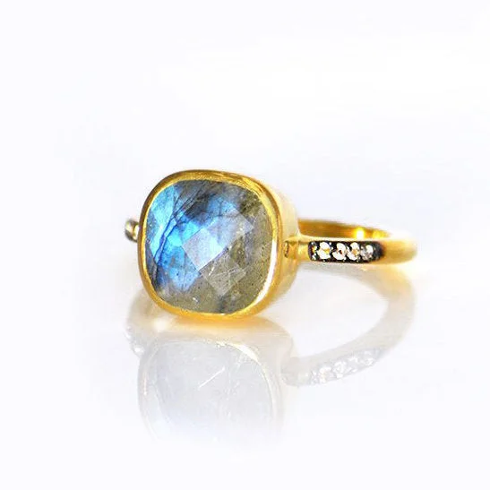 Wedding Ring with Sapphire Stones-Labradorite Pave White Topaz Cushion Bezel Set Stacking Ring