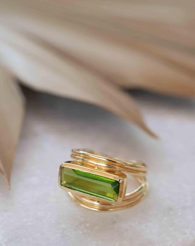 Gold Engagement Ring with Sapphire-Peridot Hydro Ring ~ Rectangular Stone ~ 18k Gold Plated ~ MR301