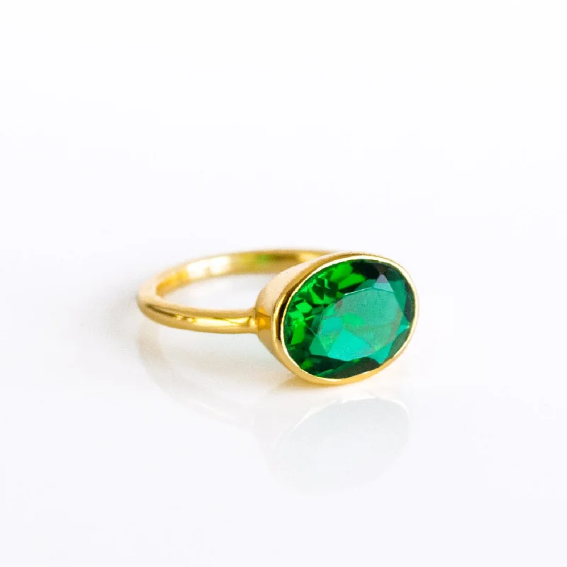 Green Diamond Engagement Ring-Emerald Oval Bezel Ring : May Birthstone