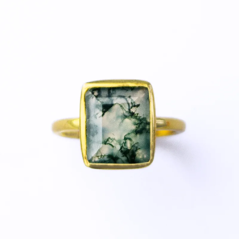 Unique Wedding Rings-Moss Agate Rectangle Ring