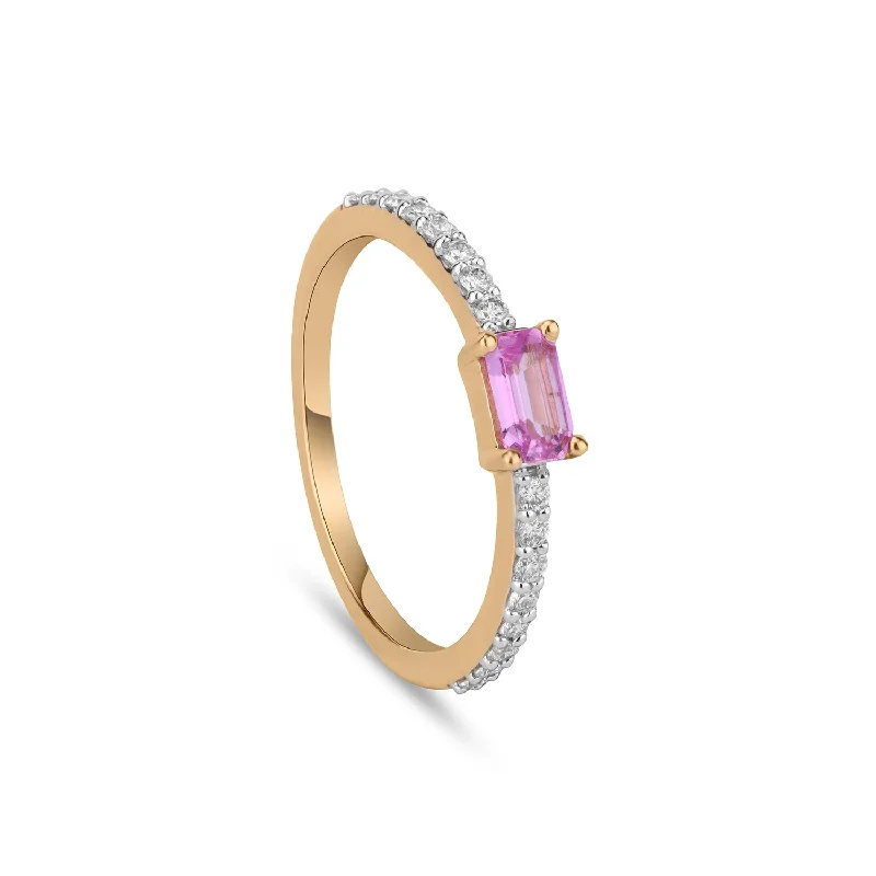 Wedding Ring with Colored Gemstones-Emerald cut Pink Sapphire Diamond Ring