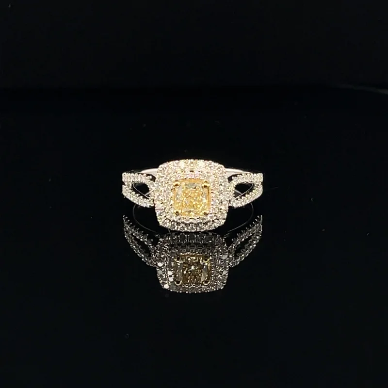 Designer Engagement Ring-Fancy Yellow & White Diamond Radiant Double Halo Split Shank Ring in 18k Two Tone Gold - (#121-JR0577GH)