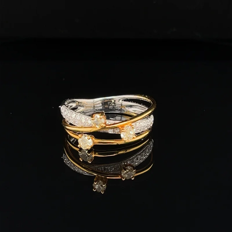 Women’s Stackable Rings-Fancy Yellow Diamond 3-Stone Wire Criss-Cross White Diamond Ring in 18k Two-Tone Gold - (#207 - RGDIA657074)