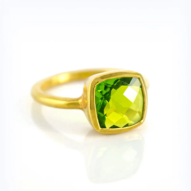 Men’s Wedding Ring with Engraving-Peridot Cushion Square Bezel Set Stacking Ring: August Birthstone