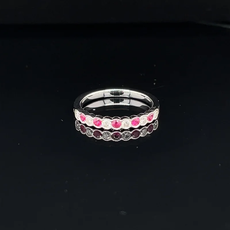 Simple Solitaire Engagement Ring-Diamond & Ruby Bubble Bezel Band in 14k White Gold - #153 - YKRO1603R-003