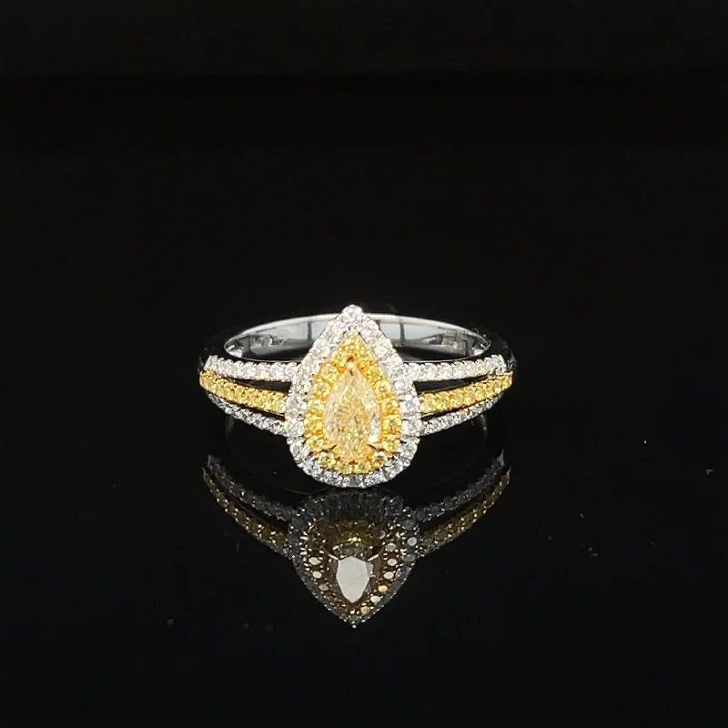 Elegant Silver Engagement Ring-Yellow & White Diamond Halo Split Shank Engagement Ring in 18k Two-Tone Gold - #622 RGDIA671264 -