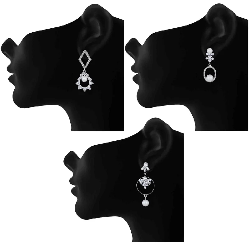 Unique Stud Earrings-Unique Stud Earrings-Mahi Combo of 3 Rhodium Plated Party Wear Dangler Earrings for Women (VERCO001049)