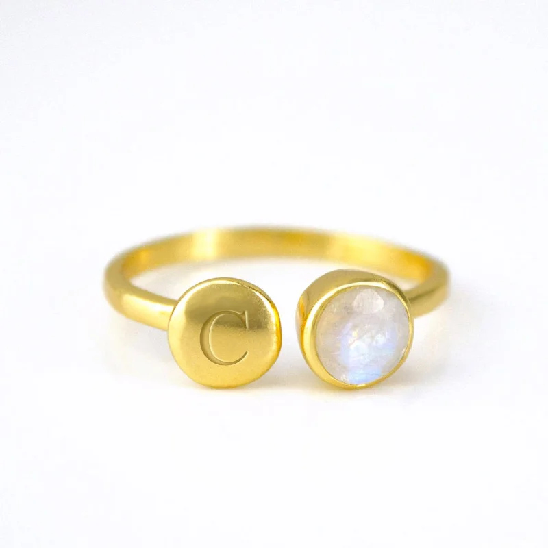 Women’s Rose Gold Ring-Custom Initial Adjustable Rainbow Moonstone Ring, June Birthstone