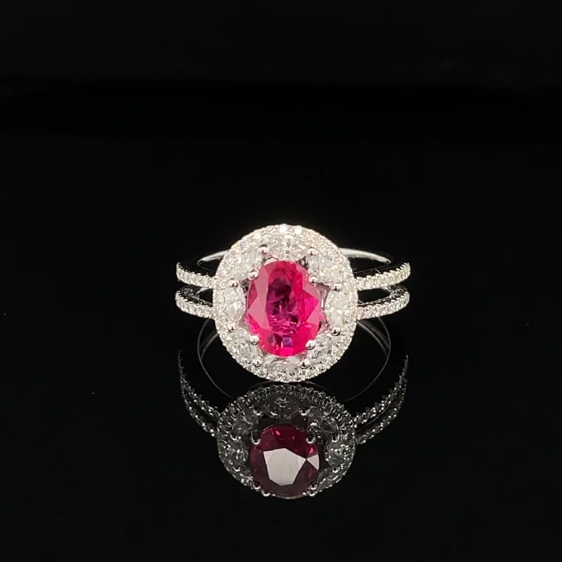 Handmade Engagement Ring-Ruby & Diamond Halo Double Band Ring in 18k White Gold - (#202 - RGRUB060107)