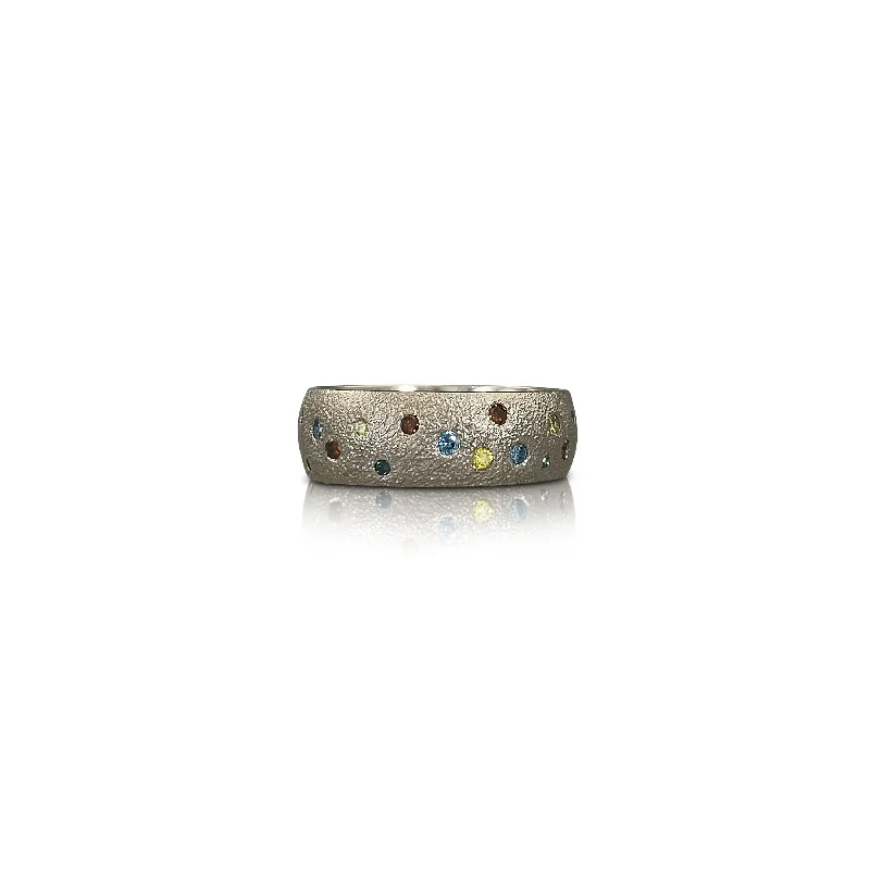 Personalized Promise Ring-Sprinkle Band in Hammered Palladium White Gold with Multi Colored Diamonds