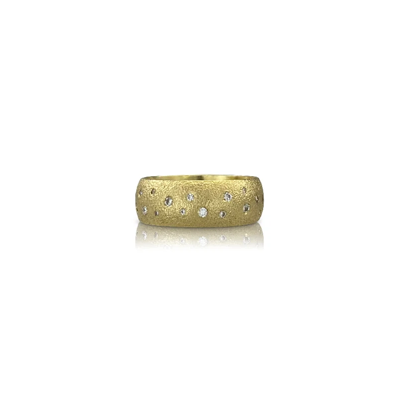 Gemstone Wedding Ring Set-Sprinkle Band in Hammered Yellow Gold with Diamonds