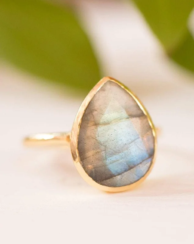 Unique Engagement Ring-Lia Rainbow Labradorite Tear Drop Ring ~ 18k Gold Plated ~ MR009