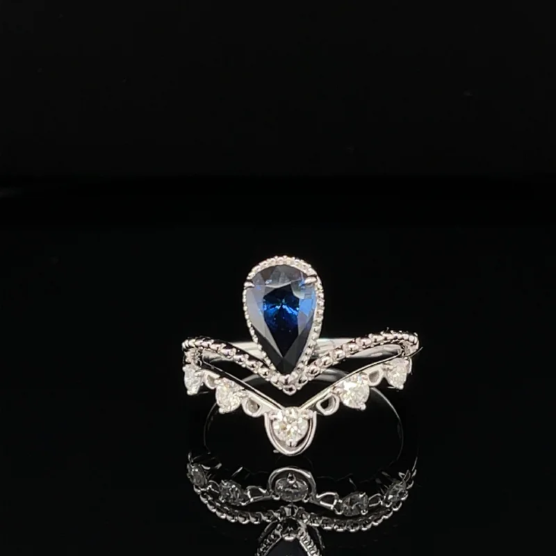 Sapphire and Diamond Ring-Sapphire Droplet & Diamond 1.88ctw Double Chevron Crown Ring in 18k White Gold - #272 - RGSAP216801