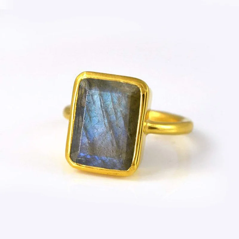 Classic Wedding Band-Labradorite Rectangle Bezel Set Ring