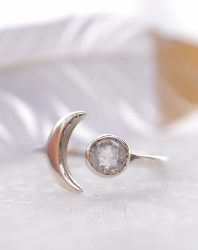 Gold Engagement Ring with Diamond-Malibu Half Moon Ring ~ White topaz ~ Sterling Silver 925 ~ MR127