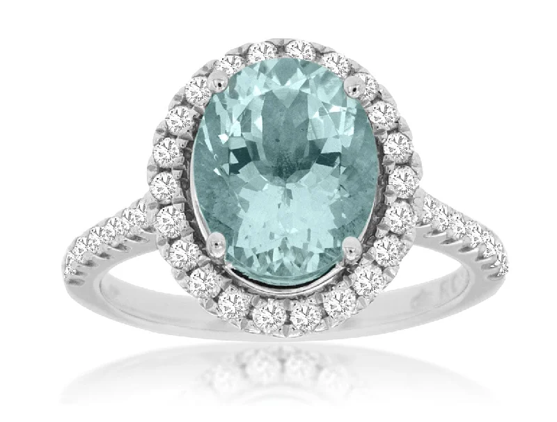 Silver Wedding Band for Women-14K White Gold Aquamarine & Diamond Halo Ring