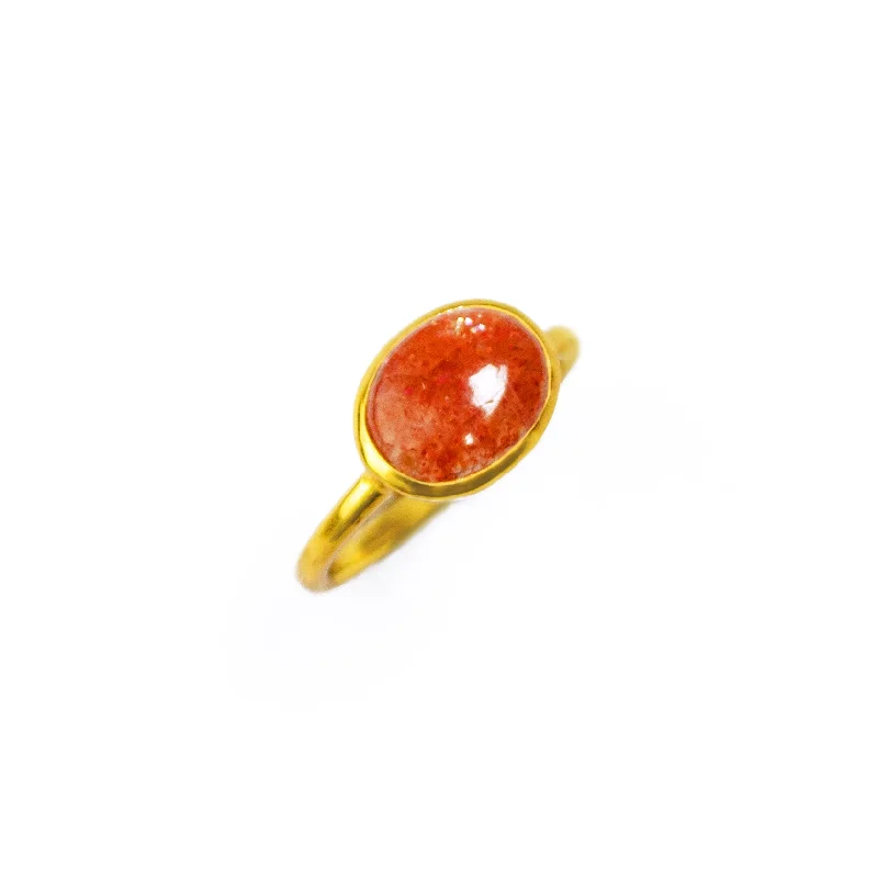 Gold Wedding Ring with Engraving-Sunstone Cabochon Oval Ring