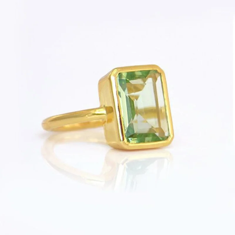 Cushion Cut Sapphire Ring-Green Amethyst rectangle bezel set ring: February Birthstone