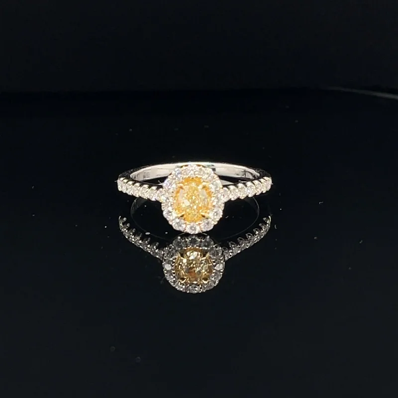 Bold Statement Ring-Fancy Yellow & White Diamond Halo Oval Engagement Ring in 18k Two Tone Gold - (#125-JR0897GH-19)