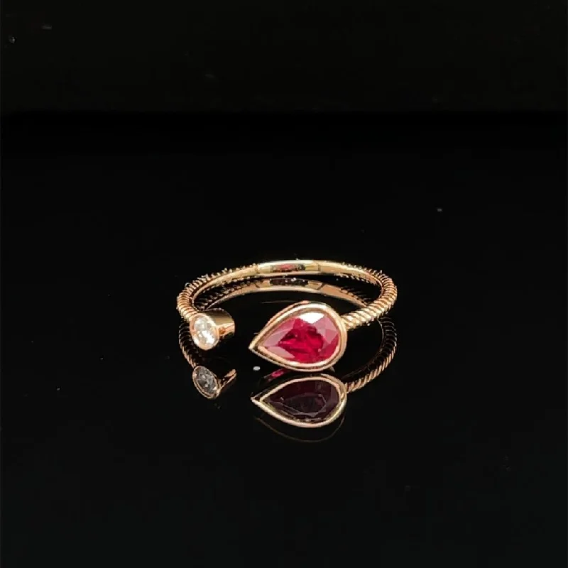 Minimalist Engagement Ring-Pear Ruby & Diamond Bezel Open Twist Ring in 18k Rose Gold - (#246 - HRRUB002160)