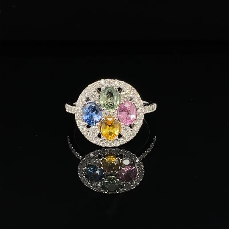 Custom Engraved Ring-Rainbow Sapphire & Diamond Vintage Pave Cocktail Ring in 18k White Gold - (#245 - HRMIX000186)