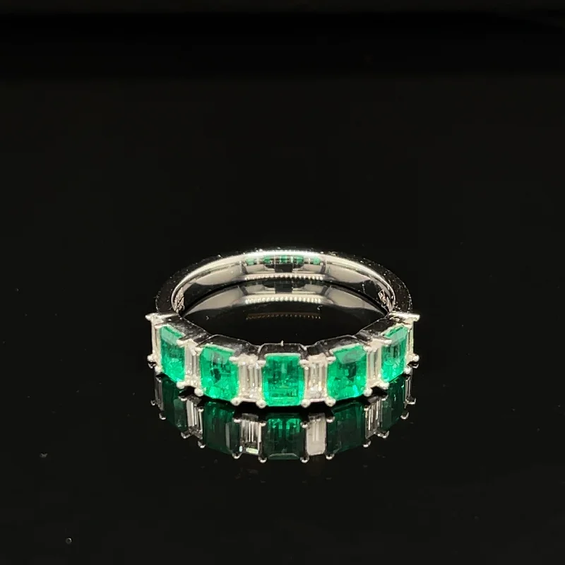 Stackable Rings for Women-Emerald & Diamond 1.40ctw Wedding Band in 18k White Gold - #410 - RGEME065577