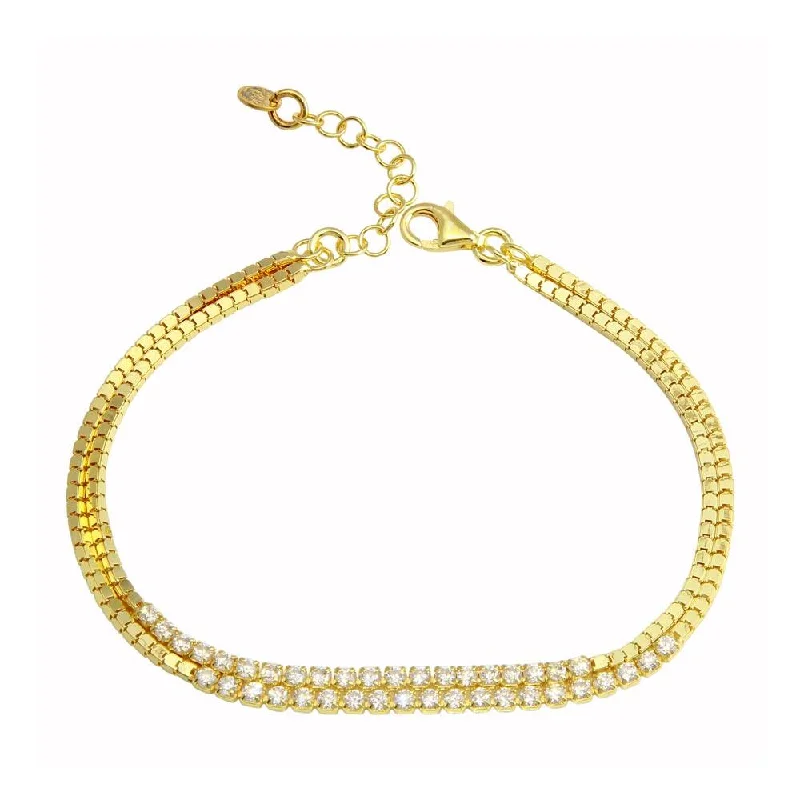 Silver Rope Bracelet-Clearance-Gold Plated 925 Sterling Silver Double Strand CZ Bracelet - ECB00111GP