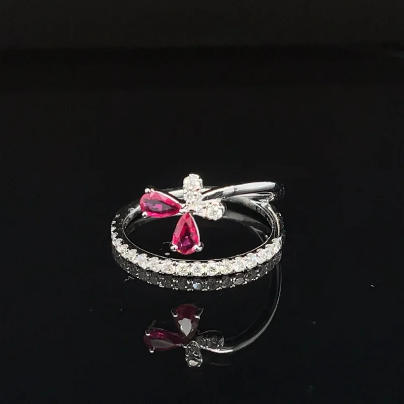 Engagement Ring with Halo-Ruby & Diamond Butterfly Swirl Coil Ring in 18k White Gold - #617 - HRRUB002508