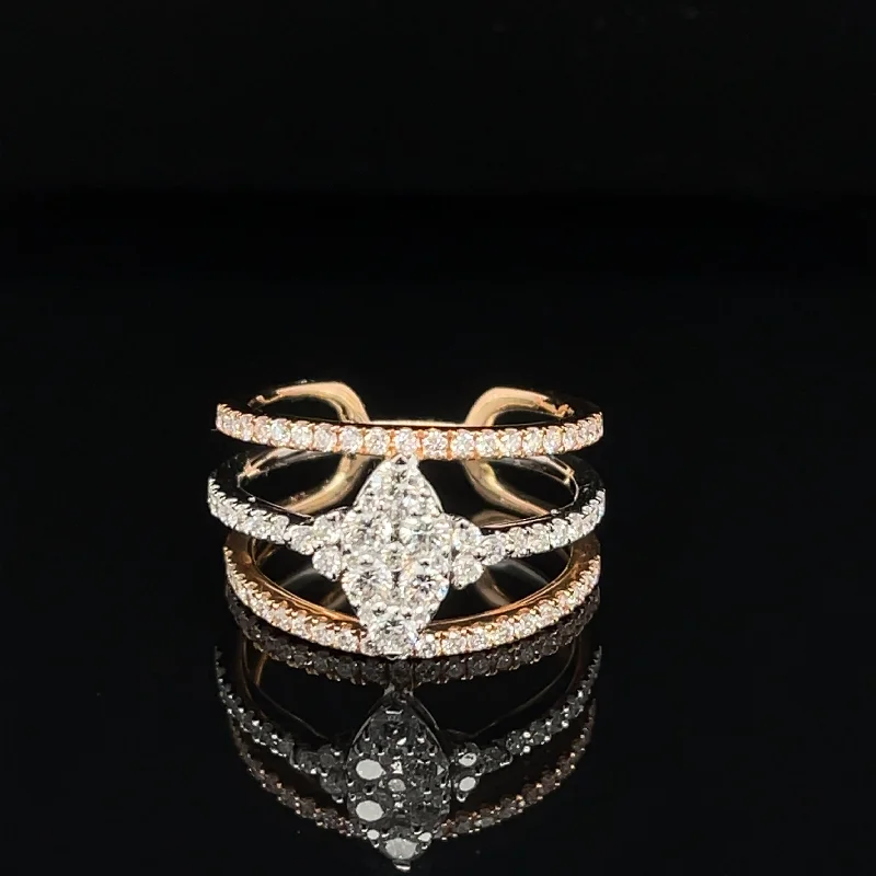 Classic Rose Gold Ring-Diamond Marquise Triple Band Cuff 18k Two-Tone Gold Engagement Ring  - #215 - RGDIA647984