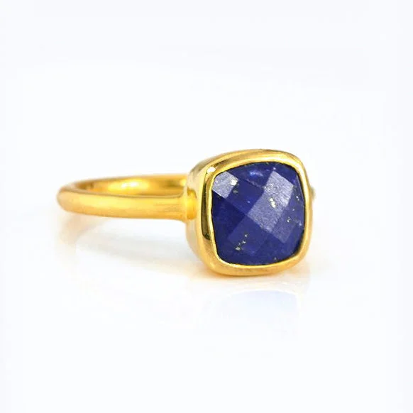 Custom Wedding Ring Set-Lapis Lazuli Cushion Square Bezel Stacking Ring: September Birthstone