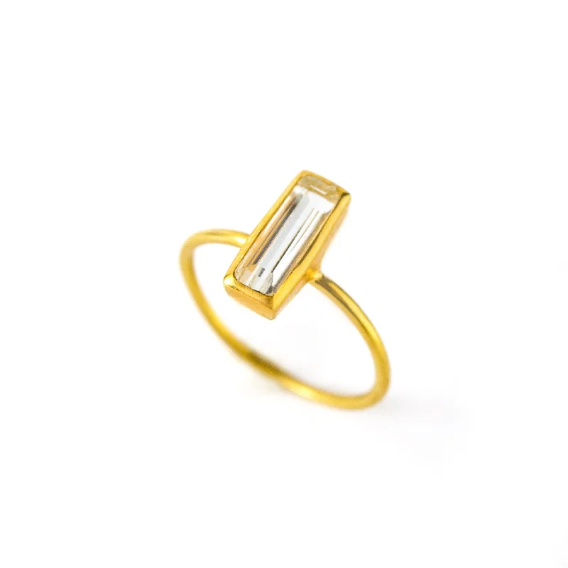 Wedding Ring with Yellow Diamonds-Tiny Clear Quartz Bar Ring : April Birthstone