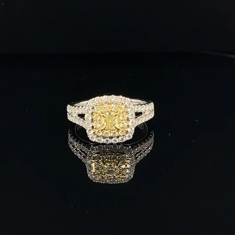 Gold Cocktail Ring-Fancy Yellow & White Diamond Radiant Double Halo Split Shoulder Ring in 18k Two Tone Gold - (#124-JR0721GH - 41)