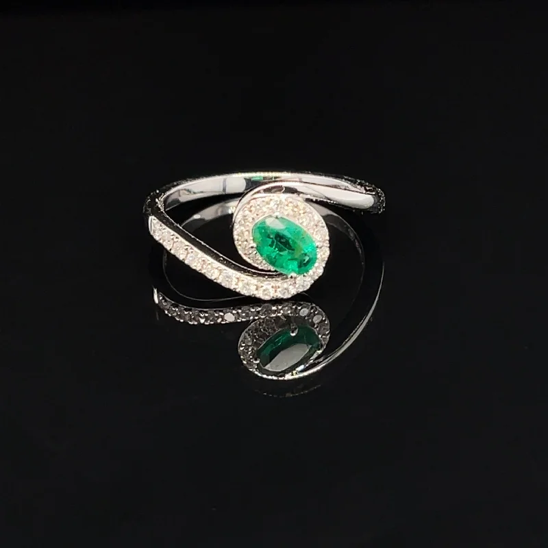 Vintage Diamond Ring-Emerald & Diamond 0.53ctw Oval Bypass Swirl Ring in 18k White Gold - #413 RGEME064509