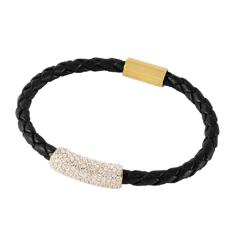 Personalized Bar Bracelet-Clearance-SIlver 925 Gold Plated CZ Bar Italian Leather Bracelet - ITB00142GP-BLK