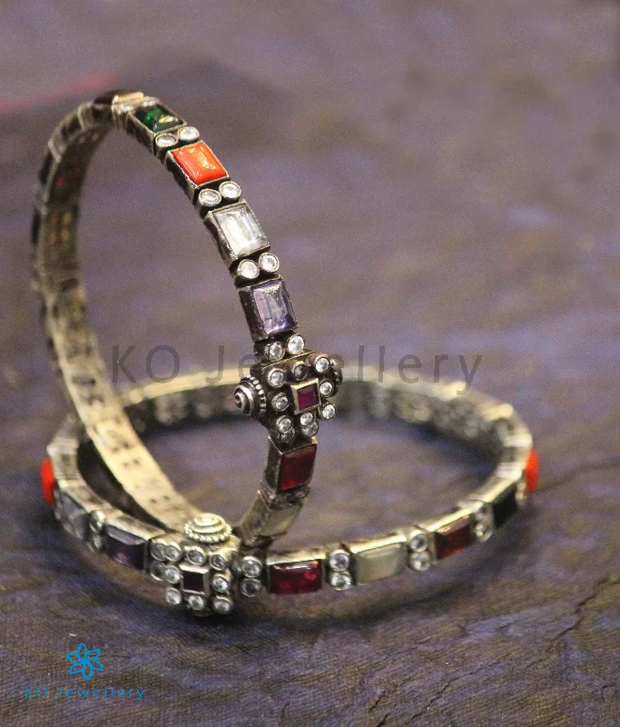 Vintage Charm Bracelet-The Sattva Silver Navratna Bracelet (Oxidised/Size 2.2/2.4/2.6)