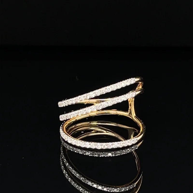 Sterling Silver Ring for Women-Innovative Diamond Triple Row Sideways Ring in 18k Yellow Gold - (#225 - HRDIA004566)