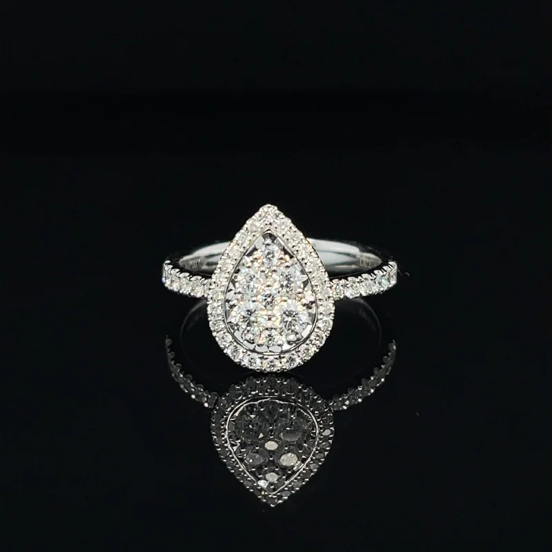 Thin Gold Ring for Women-Diamond Pear Illusion Halo Cluster Engagement Ring in 18k White Gold - #539 - HRDIA003942