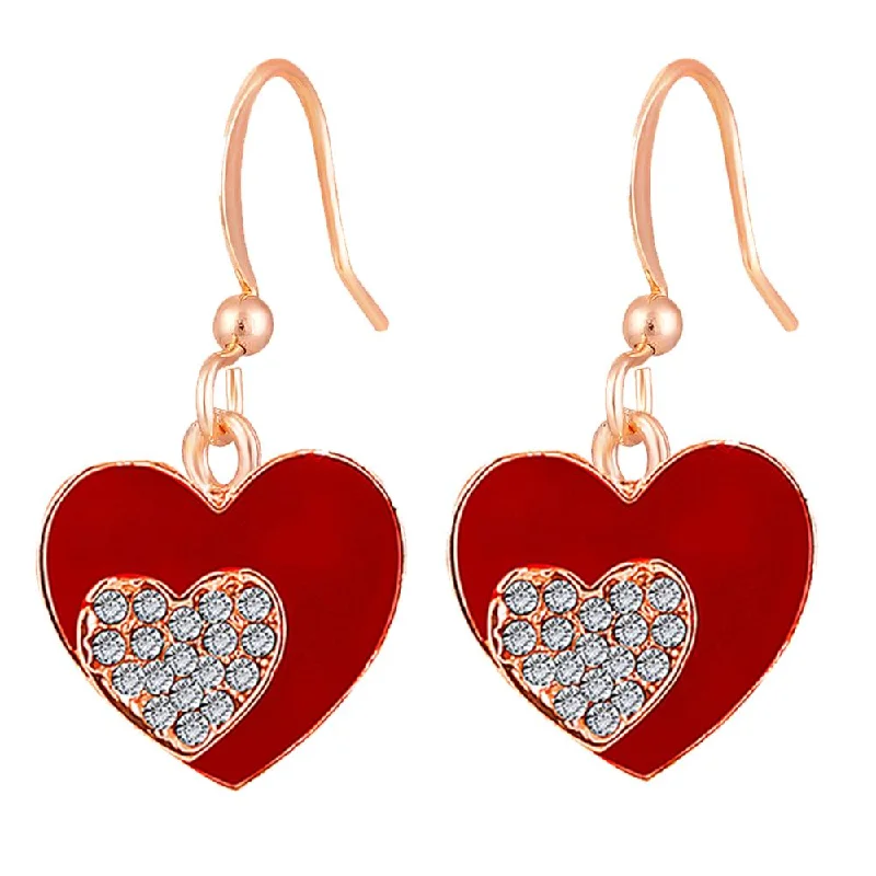 Silver Stud Earrings-Silver Stud Earrings-Mahi Rose Gold Plated Red Meenakari Work and Crystals Dual Heart Earrings for Women (ER1109844ZRed)