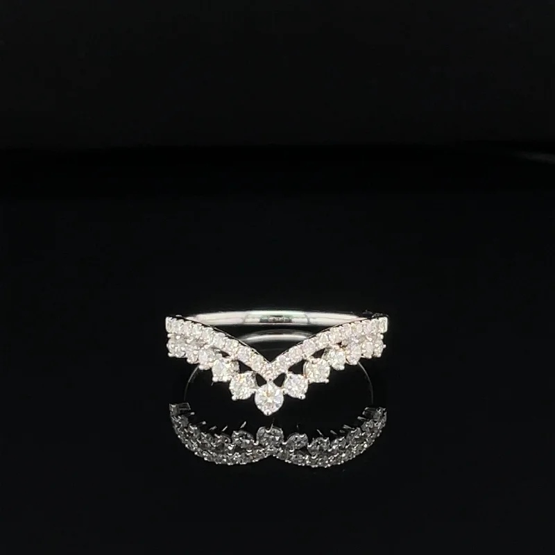 Oval Diamond Ring-Diamond 0.48ctw Princess Crown Double Chevron V-Shaped Ring in 18k White Gold - #263-HRDIA004662