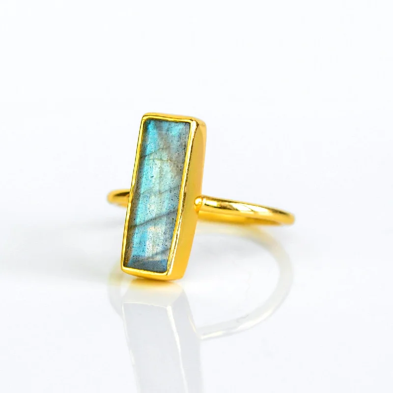 Wedding Ring Set for Women-Natural Labradorite Gemstone Bar Ring, Unique Geometric Ring