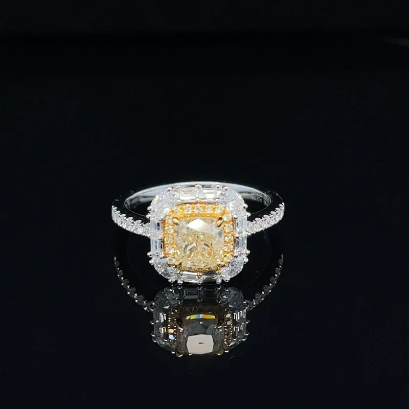 Rose Gold Promise Ring-Fancy Yellow & White Diamond 1.79ctw Cushion Baguette Engagement Ring in 18k Two- Tone Gold - #414 - RGDIA668978