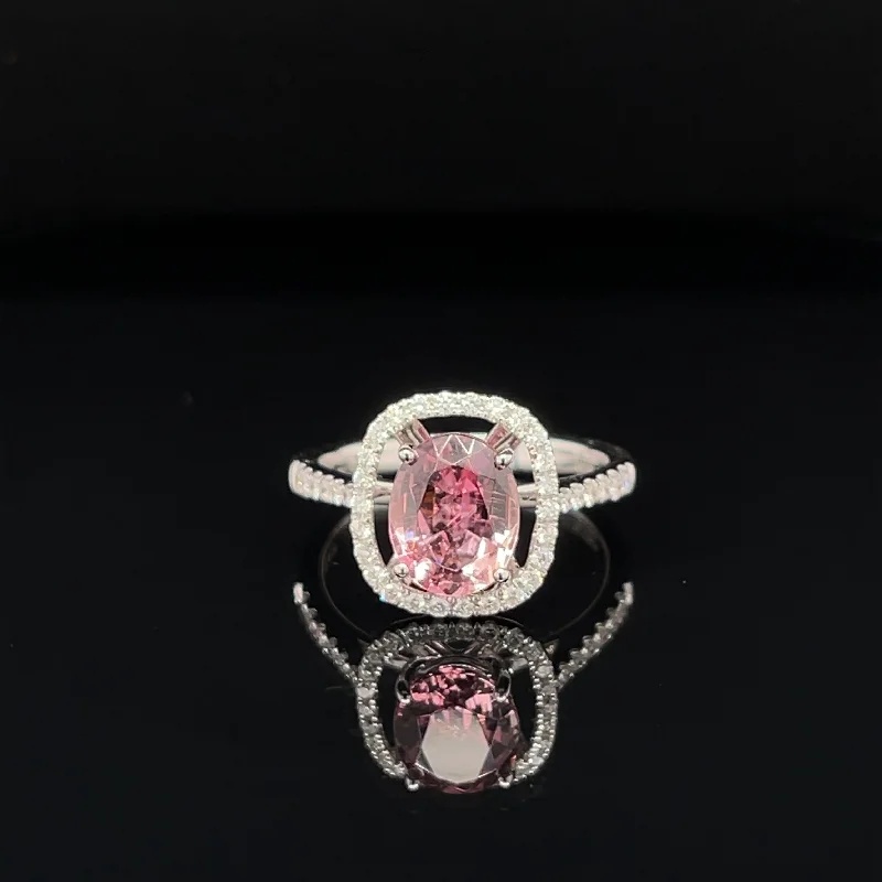 Heart Shaped Ring for Women-Pink Tourmaline & Diamond 2.08ctw Oval Floating Halo 3D Engagement Ring in 18k White Gold - #361 - RGTOM000138